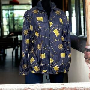 Vintage Slade Windbreaker Bomber Jacket Unisex M Blue Golf Novelty Print 90s Zip